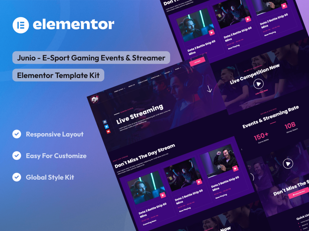 Junio - E-Sport Gaming Events & Streamer Elementor Template Kit